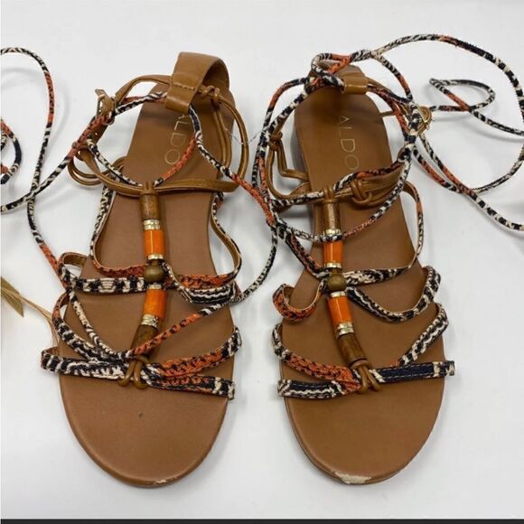 Sz8 ALDO lace up/leg wrap Ninna festival feather flat sandals/boho sexy - Picture 4 of 4